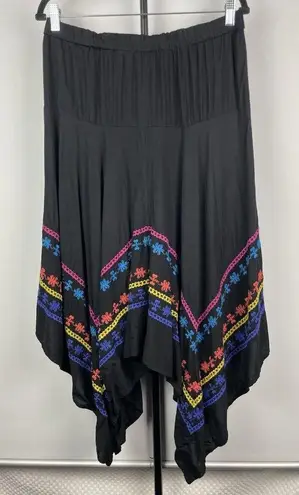 Azel Hazel Black Colorful Embroidered Handkerchief Hem Elastic Waist Skirt Sz L Size L