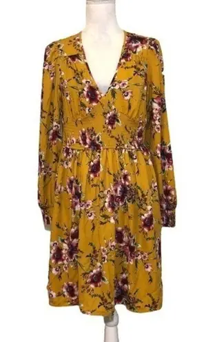 Xhilaration NWOT Gold Yellow Floral Long Sleeved Smocked Dress