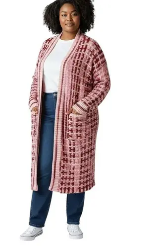 Blue Waters XL Long Cardigan Pink Red Plaid Hooded Knit Sweater Chunky Fall D Size 1X
