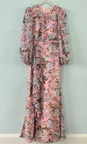Eliza J NWT Blush Pink Floral Print Chiffon Cascade Long Sleeve Maxi Dress