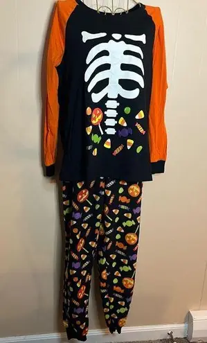 Halloween Skeleton and Candy Corn Two Piece Pajama Set with Fleece Bottoms Orange Size M - Image 1