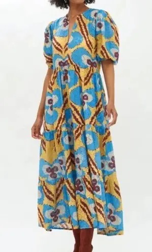 Oliphant Midi Dress with Puff Sleeves and Floral Pattern Patola Mustard Yellow