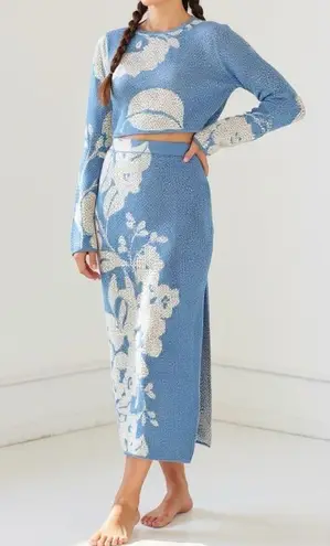 MISA Los Angeles Dara Knit Midi Skirt, Blue Hibiscus Floral, Large