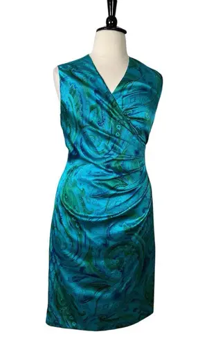 Lauren Ralph Lauren Dress Satin Wrap Top Ruched Teal Paisley Women’s Size 14 Blue