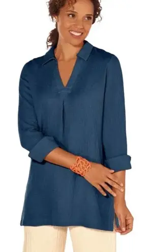 Soft Surroundings Blue Key Biscayne Muslin Cotton Popover Tunic Top