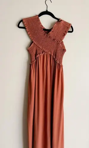 Flawless Brown Shirred Criss Cross Maxi Dress - Medium