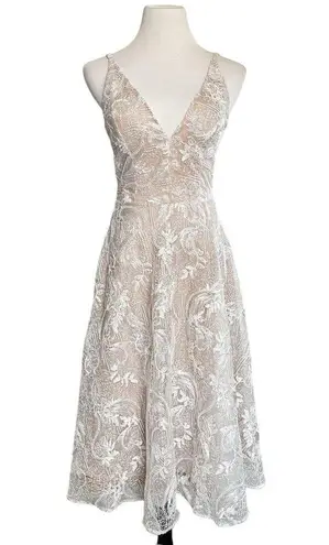 Dress the Population NEW Elisa Vine Embroidered Midi Dress White Nude Small