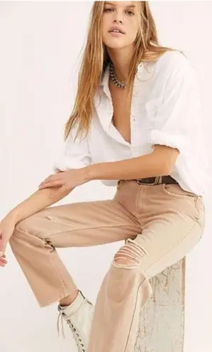 Free People New  Dakota High Rise Straight Leg Jean Pant Distressed Khaki Tan