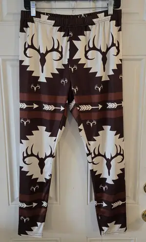 Southwestern Deer Antler Print Leggings XL Brown Cream Stretch Soft Silky NWOT
