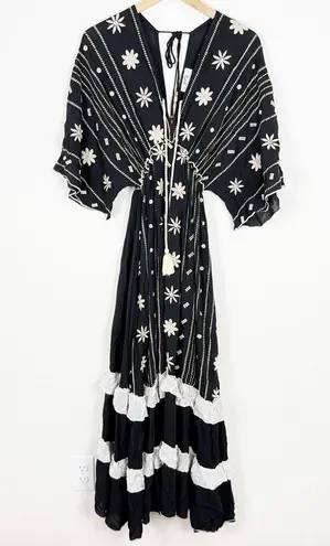 Zury Black White Embroidered Boho Maxi Dress Festival Peasant Tiered Flowy Size M