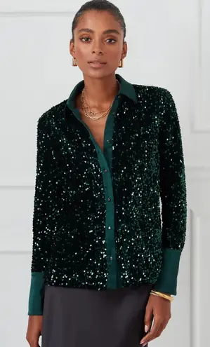 J. McLaughlin Barrett Sequin Shirt Emerald Green Velvet Satin Size Large NEW