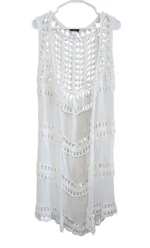 Vivid Crochet Knit Boho Open Front Beach Coverup Cardigan White Size Small