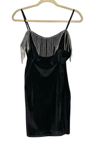 Revamped Women Sz XL Black Velveteen Pencil Mini Dress Rhinestone Fringe Velvet