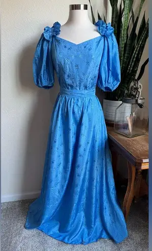 Vintage 70s Prairie Dress Blue Puff Sleeve Floral ILGWU Union Made Size M