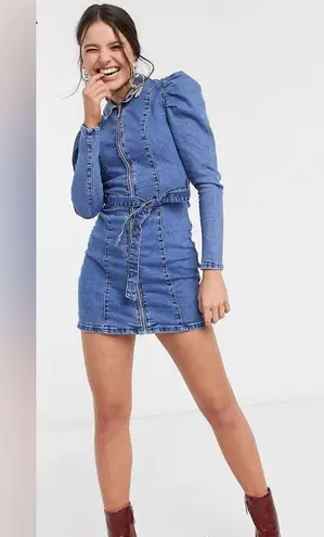 Bershka NWT Shirt Mini Dress Long Sleeve Denim Belted Puffy Sleeves Western sz M