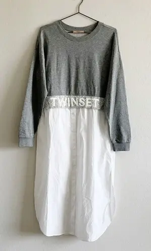 NEW Twinset Poplin Terry Knit Button Up Sweatshirt Dress Sz 44 EU / 14 US Gray - Image 1