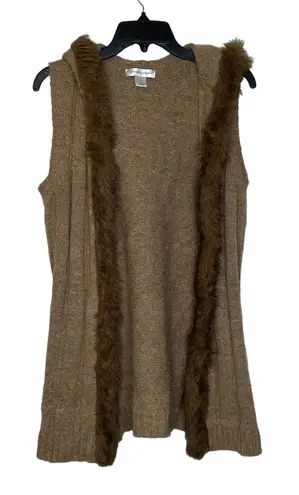 Christopher & Banks Open Hooded Brown Vest Fux Fur Trim Wool Blend Women Small