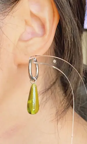 Handmade dark olive color teardrop Czech glass simple minimalist hoop earrings💚🫒