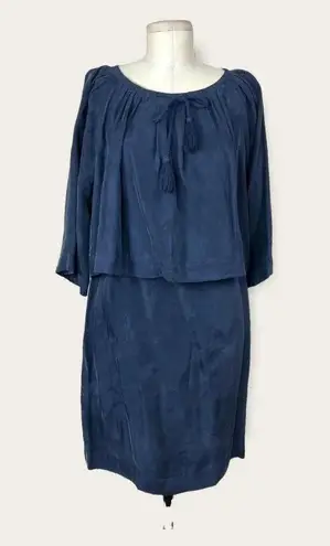 Apiece Apart Dress Cape Sleeve Layered Sheath Tasseled Cupro Navy Blue Size 6
