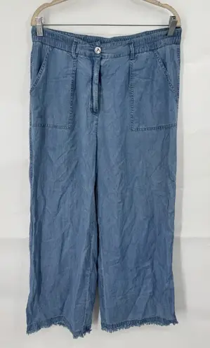 John Mark Blue Wide Leg Pants Sz M Ankle Frayed Hem High Waist Chambray Lyocell