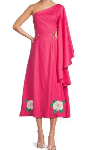 FANM MON Amarya Pink One Shoulder Dress Long Sleeve Cutout Embroidered XS New