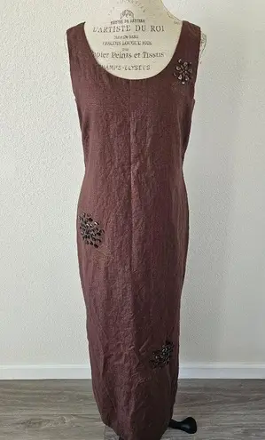 Yves Cossette Depeche Mode Vintage Brown Linen Embroidered Dress Size 10