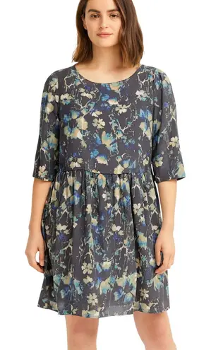 Amour Vert Boat Neck Elbow Sleeve Abstract Floral Silk Dress in Dark Gray sz XS