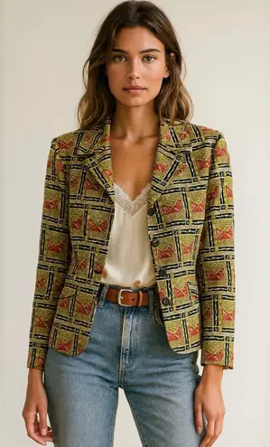 Vintage Velour Blazer 90s Geometric Tapestry Print Mixed Pattern Style Jacket Brown Size L