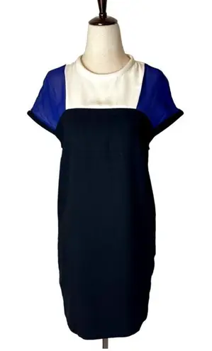 Maje Blue White And Black Colorblock Silk Detail Crew Neck Mini Shift Dress S