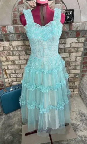 formal dress prom 1950s floral princess tulle aqua blue Green