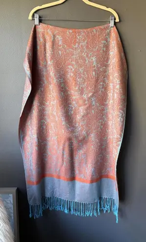 Orange and Turquoise Paisley Patterned Scarf with Fringe