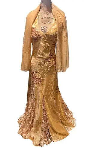 Bicici Designer Beaded Halter Gown Formal Embroidered Champagne Gold & Shawl Size 4