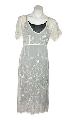 Papillon White Dress Black Slip Embroidered Self Tie Below Knee Size Medium NWT
