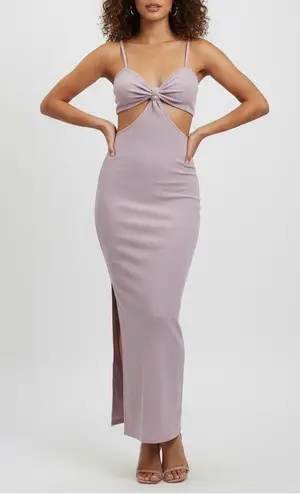 FORE Lilac Cutout Midi Dress, Ribbed Bodycon Dress, Sleeveless XS Purple