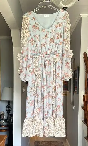 By the River Floral Ruffle Midi Dress Sz L Blue Size L