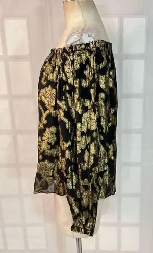 Hale Bob viola black gold metallic jacquard floral blouse size small