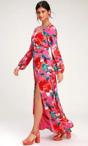 Lulus Carolita Magenta Floral Print Long Sleeve Maxi Dress Size Medium Side Slit Pink