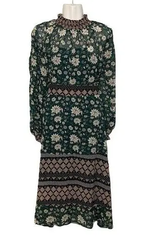 Signature Studio NWT Dark Green Floral Maxi Dress Long Sleeves High Neck Sheer Slip New