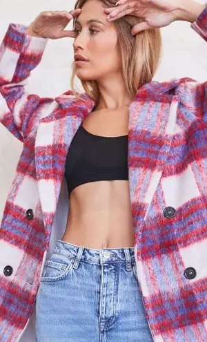 Forever 21 Red White Blue Plaid Double-Breasted Coat Jacket