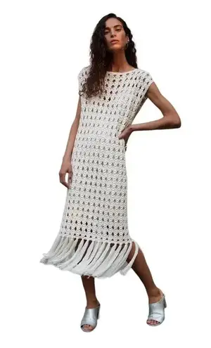 Eleven Six Crochet Midi Dress White Lotus Quiet Luxury Resortwear Tan