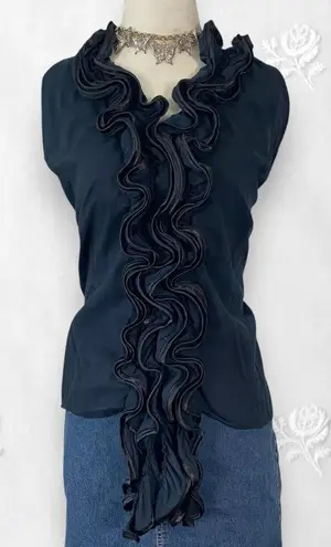 Early 2000's Black Cotton Ruffle Frilly Gothic Halter Top Plus Size 2X / XXL