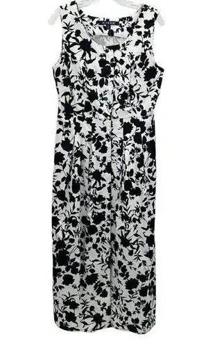 JG Hook Midi Dress Size 10 Black White Floral Button Front Sleeveless Scoop Neck