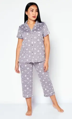 Rae Dunn Women 2 Piece Coffee Mug Print Soft Pajama Set Cropped Pant Gray Large
