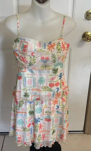 See You Monday Large Multicolored Mesh overlay Tropical Spaghetti Strap Top/Skirt set