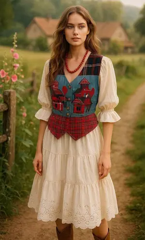 Vintage Casey & Max Patchwork Plaid Denim Vest 100% Cotton Boho Folk Y2K M Red Size M