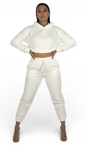 NWT Parisian Crop Sherpa Hoodie Jogger Set Womens 6 White Lounge Cozy Neutral - Image 1