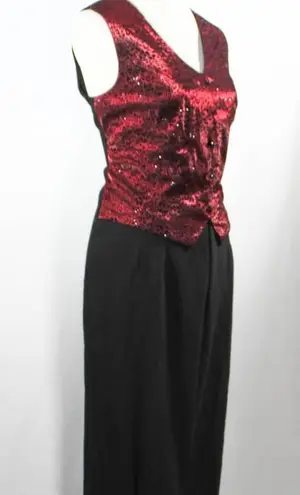 Vintage 1990s Red Black Faux Vest Jumpsuit with Blazer Leopard Animal Print Size 14