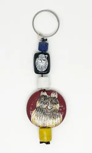 Handmade Painted Cat Bead Keychain Hand Crafted Artisan Red