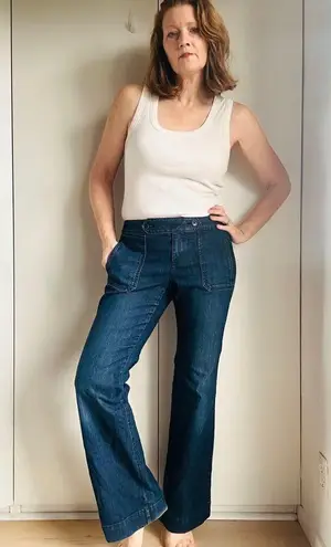 Y2K Denim Jeans Dark Wash Flared Sailor Style Pockets Size Waist 32 Low Rise Fit Blue