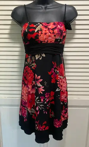 Sweet Storm Black Red Floral Corset Empire Waist Tie Ruffle Dress Size Small